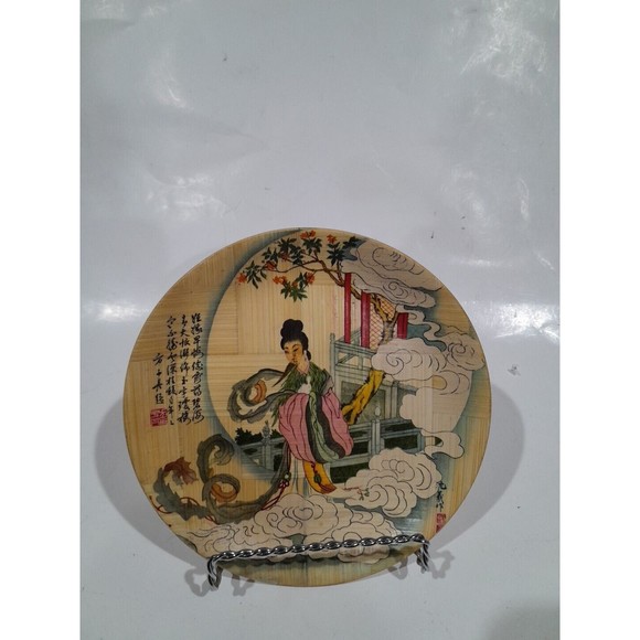 Vintage Chinoiserie Bamboo Woven Asian  Women Art Plates Set Of 4  6" - Picture 8 of 10